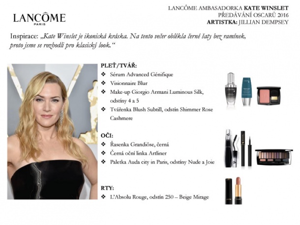 Look Kate Winslet na předávání Oscarů 2016 - kompletní rozpis kosmetických výrobků